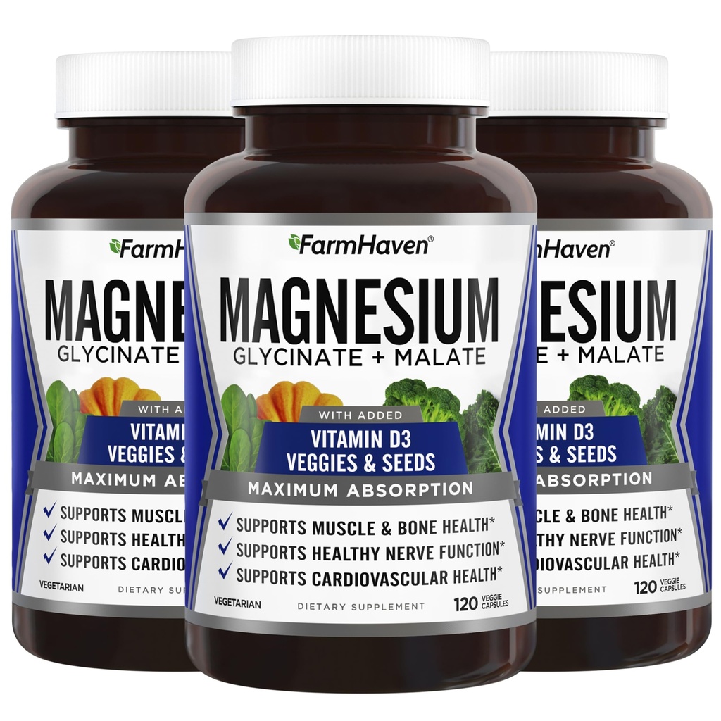 FarmHaven Magnesium Glycinate & Malate Complex w/ D3- vitamiini 100% Kelatoitu Max Imeytyminen, Vegan Health, Hermot, lihakset, 360 kapselia, 180 päivää