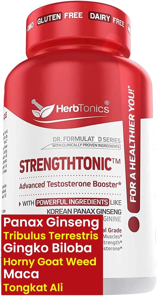 Herbtonics Testosteroni tuki täydentää miesten - Korean Panax Ginseng & Tribulus Terrestris - Tukee tervettä energiaa, voimaa ja kestävyyttä - 60 vegan kapselit