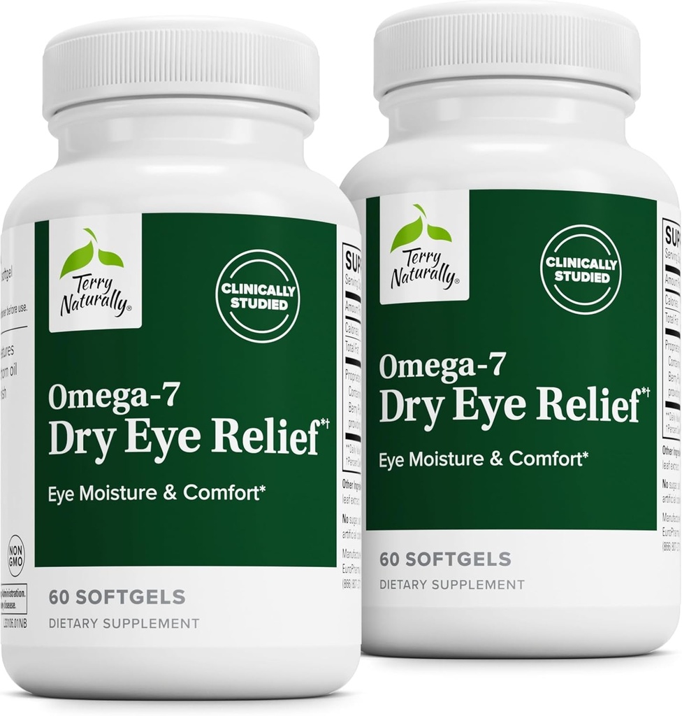 Terry Naturally Omega-7 Dry Eye Relief - Eye Health Supplement med Buckthorn Seed Oil - Dietary Supplement to Aid Dry Eye Relief - 60 Softgels, 2 Pack