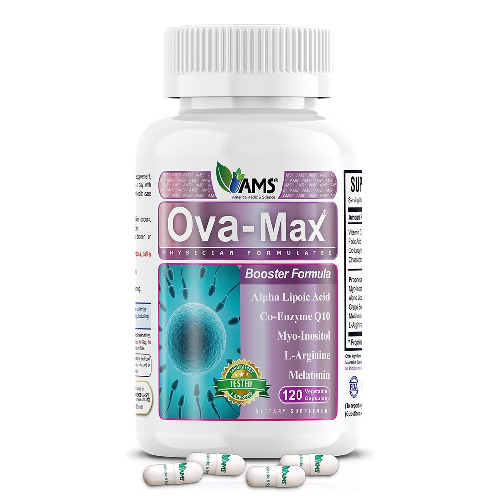 America Medic & Science OVA-Max Prenatal Vitamiineja naisille (120 kapselia) Tehostaa hedelmällisyyttä ja ovulaatiota ... Raskausapu ja naisten ehkäisy täydentää CoQ10, Foolihappo, ja Myo-Inositoli