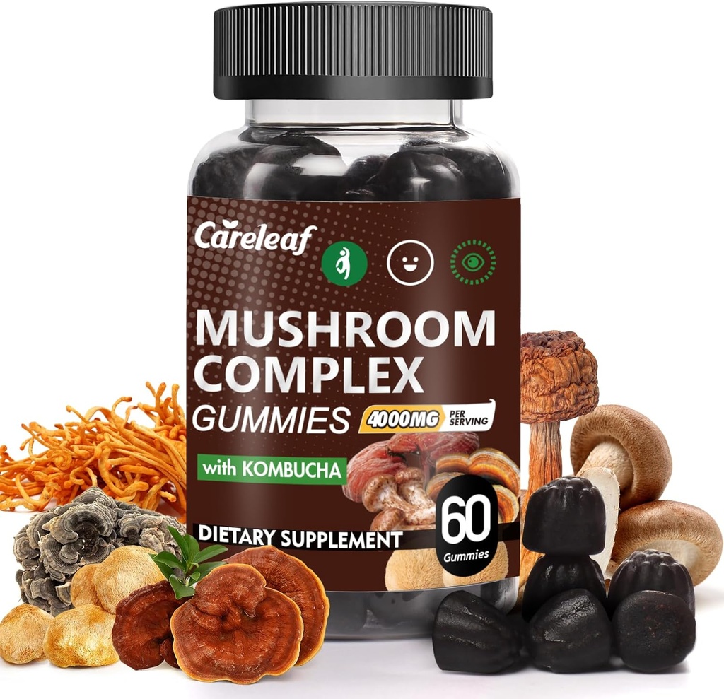 9 i 1 Mushroom Gummies med Lion's Mane for Focus Supplement and Energy Supplements för att stödja Immune System De-Stress Boost Mood & Energy 60 Count Kombucha Flavor