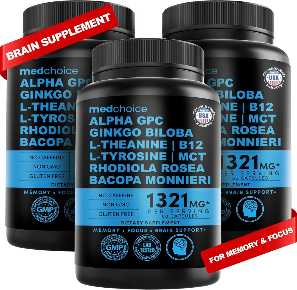 12-in-1 Nootropic Brain Supplement Vedetön: Ginkgo Biloba aivojen tukea, muistia ja keskittyä - B12, Alpha GPC, L Theanine ja koliini täydentää Bioperine Kofeinoitu 1321mg (180ct)