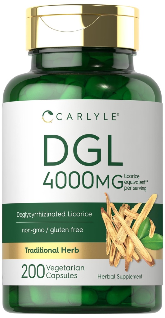 Carlyle DGL Deglysyrritinoidut lakritsikapselit ... 200 Count ... 4000 mg... Kasvisruokaa...