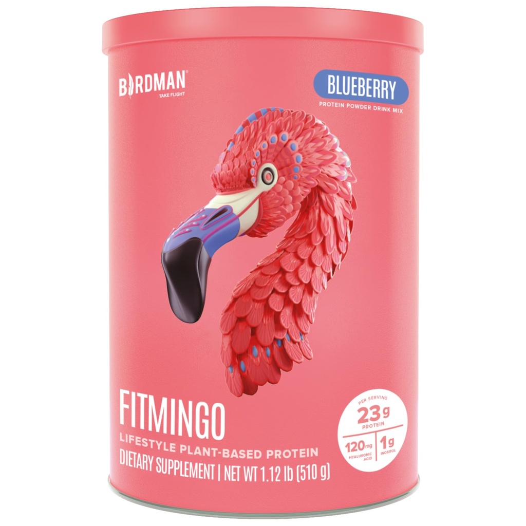 BIRDMAN Fitmingo Vegan Protein Powder med Inositol, Collagen Boosters, Hyaluronsyra och vitaminer | Low Carb, Dairy Free, Low Calorie | 23g Plant Based Blueberry Protein Powder med Myo-Inositol