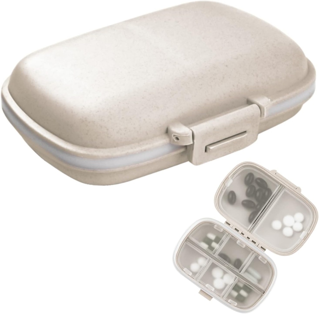 1Pack Travel Pill Organizer, 8 Compartments Portable Pill Case, Small Pill Box för Pocket Purse Portable Medicine Vitamin Container Beige