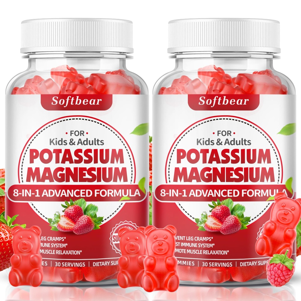 Softbear Potassium Gummies for Adults, High Absorption Magnesium Potassium Supplement med vitamin B6 för Leg Cramps & Muscle Health Sugar-Free Vegan Strawberry 120 Gummies