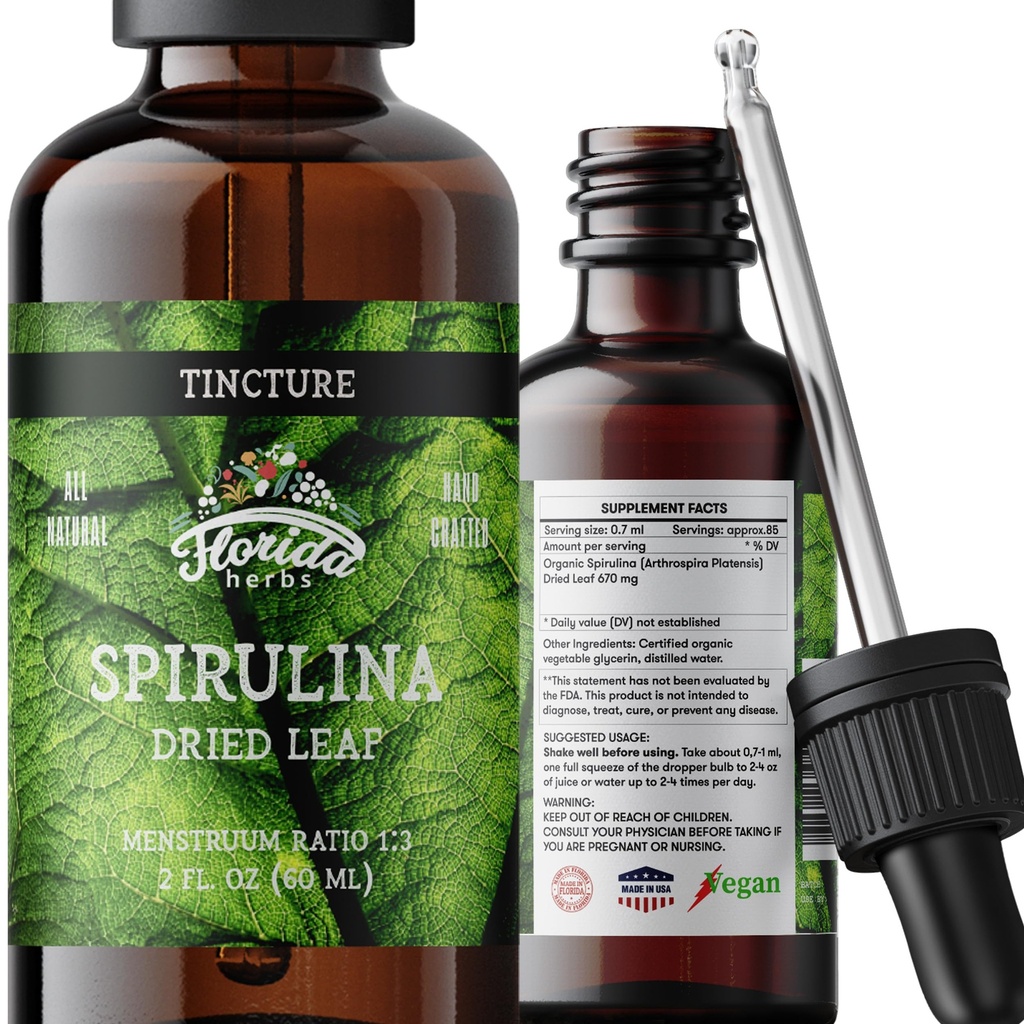Spirulina Tincture, Organic Spirulina Extract (Arthrospira Platensis) Herbal Supplement, Non-GMO i Cold-Pressed Organic Vegetable Glycerin, 700 mg, 2 oz (60 ml)