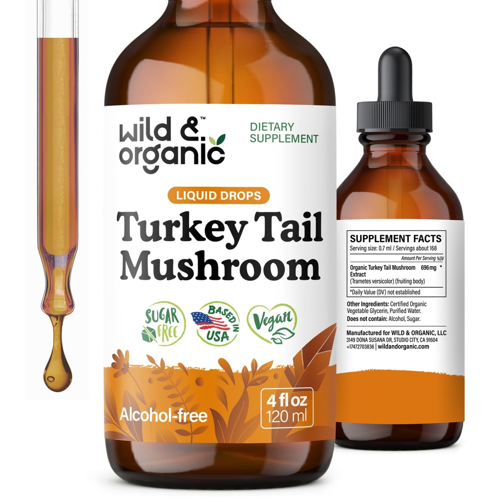 Wild & Organic Turkey Tail Mushroom Tincture - Immuuneja Tukku Tail Extract - Liquid Mushroom Supplement for Gut Support - Vegaani, Sokeri & Alkoholiton - 4 fl oz