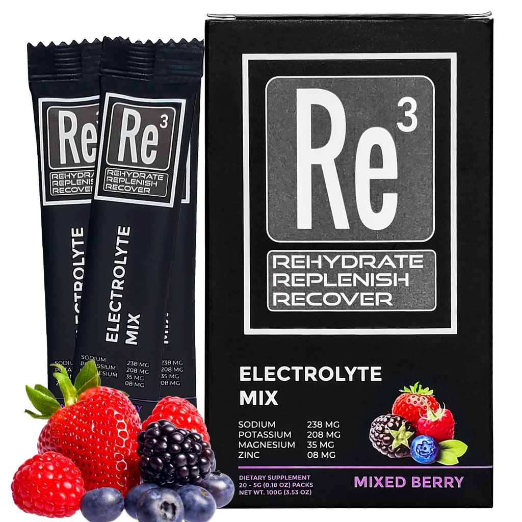 Re3 - Rehydrat - Replenish - Återställ Electrolyte Powder Packets. No Sugar, 7 Cal, 1.4 Carbs. Den bästa blandningen av vitaminer och mineraler (blandade bär)