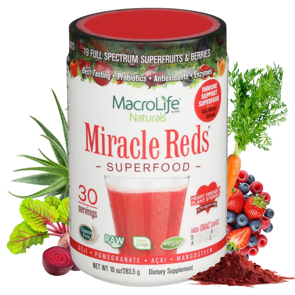 MacroLife Naturals Miracle Reds Superfood Supplement Powder Antioxidants Polyphenols Enzymes Probiotics - Raw Non-GMO Organic Vegan Gluten & Dairy Free (30 portioner)