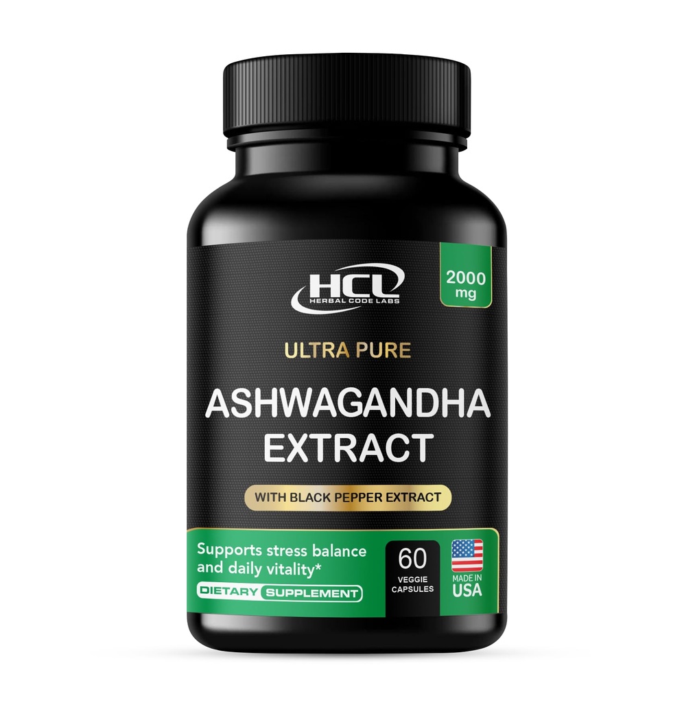 Organisk Ashwagandha Capsules 2000 MG Root Powder Extract med Black Pepper & Lemon Balm 2 Månadsförsörjning - Naturligt sätt att lindra stress