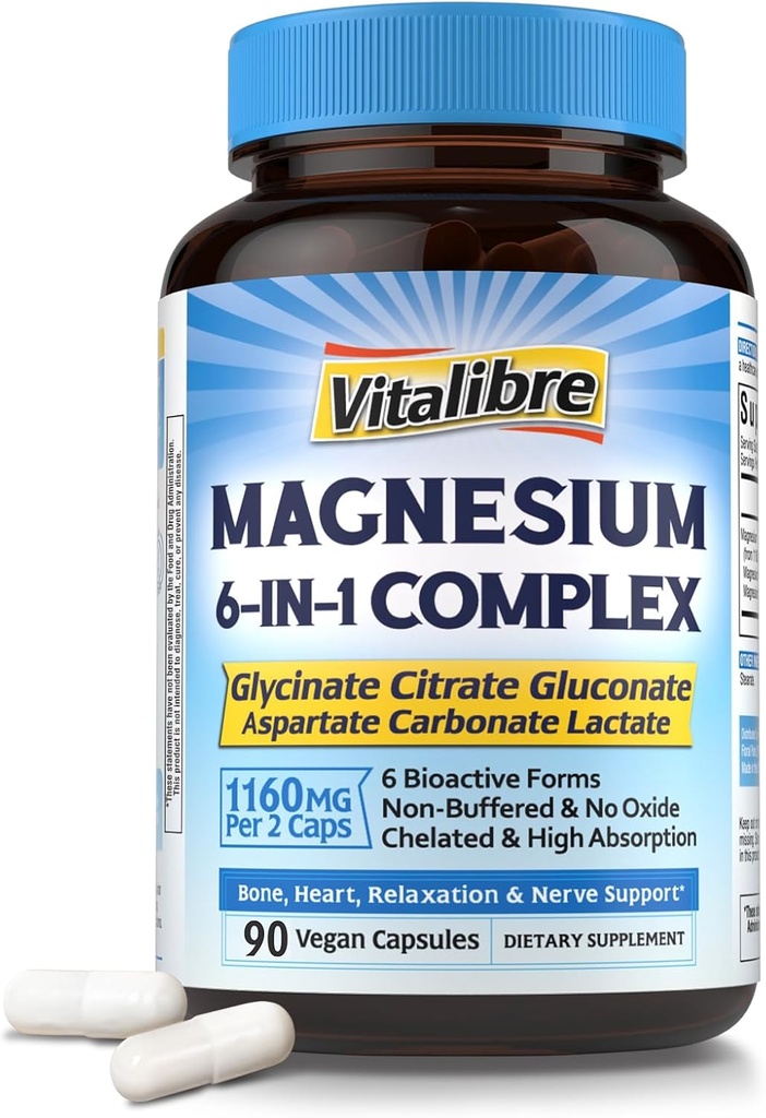 Magnesium Complex Supplement 6 in 1, 1160mg Celated Magnesium for Max Imeytyminen, Ohje parempaan uneen, rentoutuminen & Hermo Rauhoitu, 90 Vegaanikapselit, ei GMO & Gluteenittomat