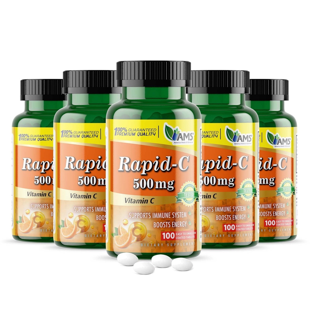 America Medic & Science Rapid- C 500 mg C-vitamiini Supplement 500 tablettia (5 pakkaus 100 tablettia) Päivittäinen immuunijärjestelmän tuki, antioksidantti ... Vegaani, GMO: n ulkopuolella päällystetty askorbiinihappo aikuisille miehille ja naisille