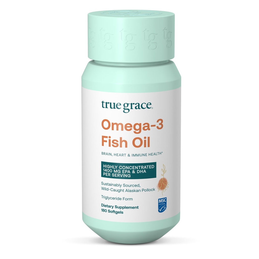 True Grace Omega-3 Fish Oil - 180 Softgels - 1400 mg EPA + DHA - Brain, Heart, Joint & Immuno Health - Orgaaninen, Gluteeniton, soijaton