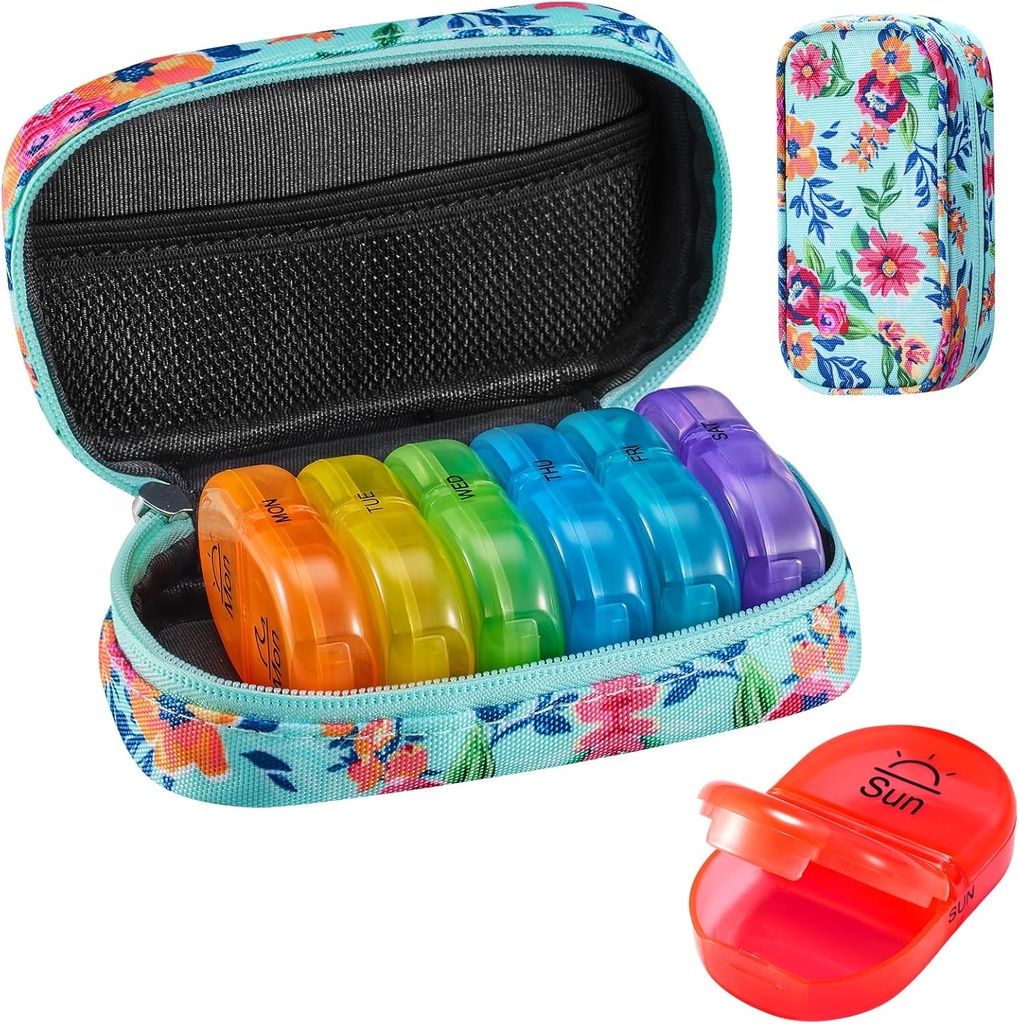 Serfeymi Weekly Travel Pill Organizer 2 gånger per dag AM PM Uppgraderad Rainbow Pill Box 7 Dag med Portable Zipper Canvas Pill Case, Medicine Organizer för piller, vitaminer, fiskoljor - Grön 01