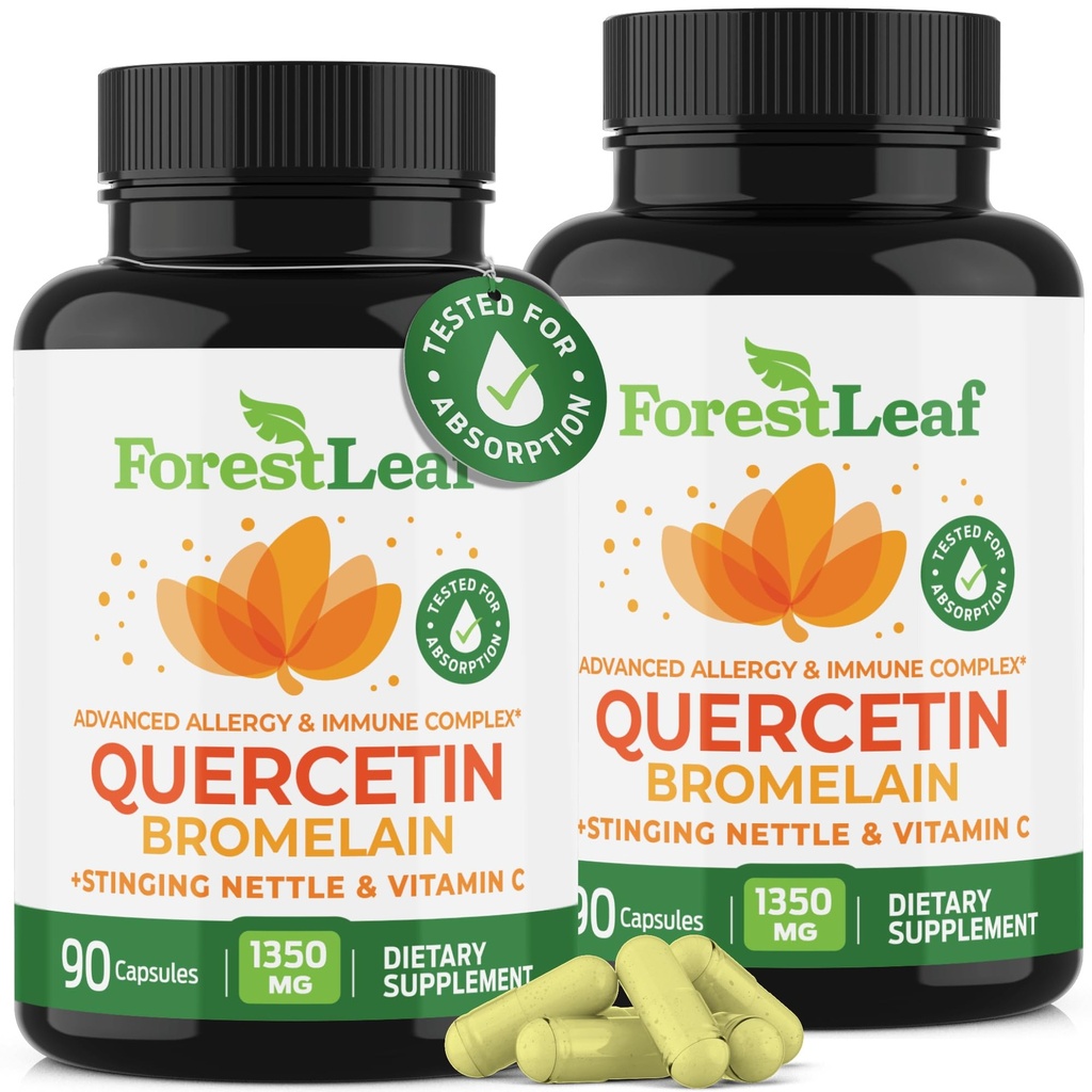 ForestLeaf Quercetin with bromelaiini - 1350 mg Blend with Vitamiini C & Stinging Nettle, Advanced Quercetin 500 mg Supplement, non-GMO Gluteeniton, Natural Immune & hengitystoiminto 180 kasviskapselit