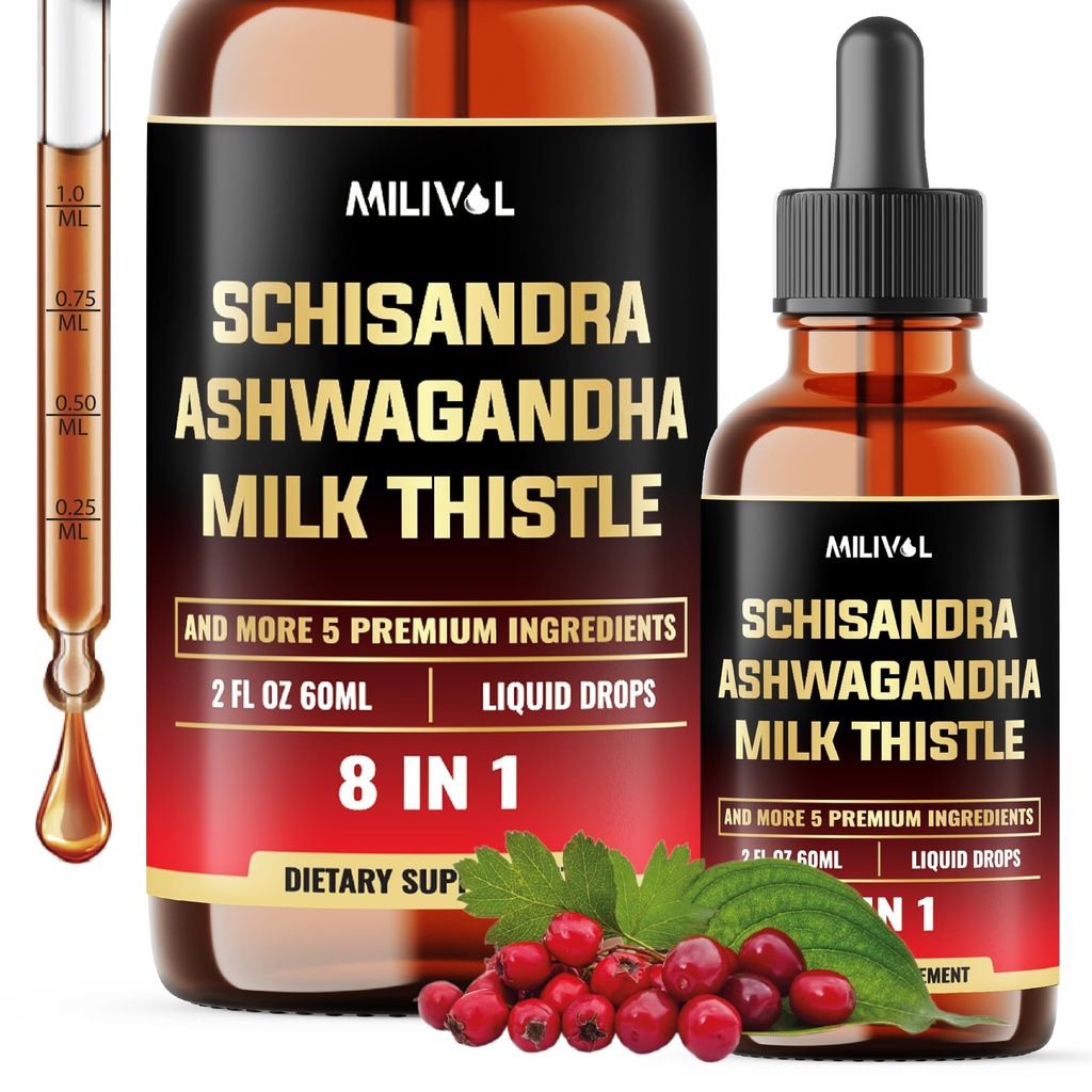 8in1 Schisandra Berry Drops with Milk Thistle, Ashwagandha, Rhodiola Rosea, Holy Basil, Artichoke, Voikukka juuri & Turmeric Curcumin - 2 Fl Oz varten 2 kuukauden toimitus