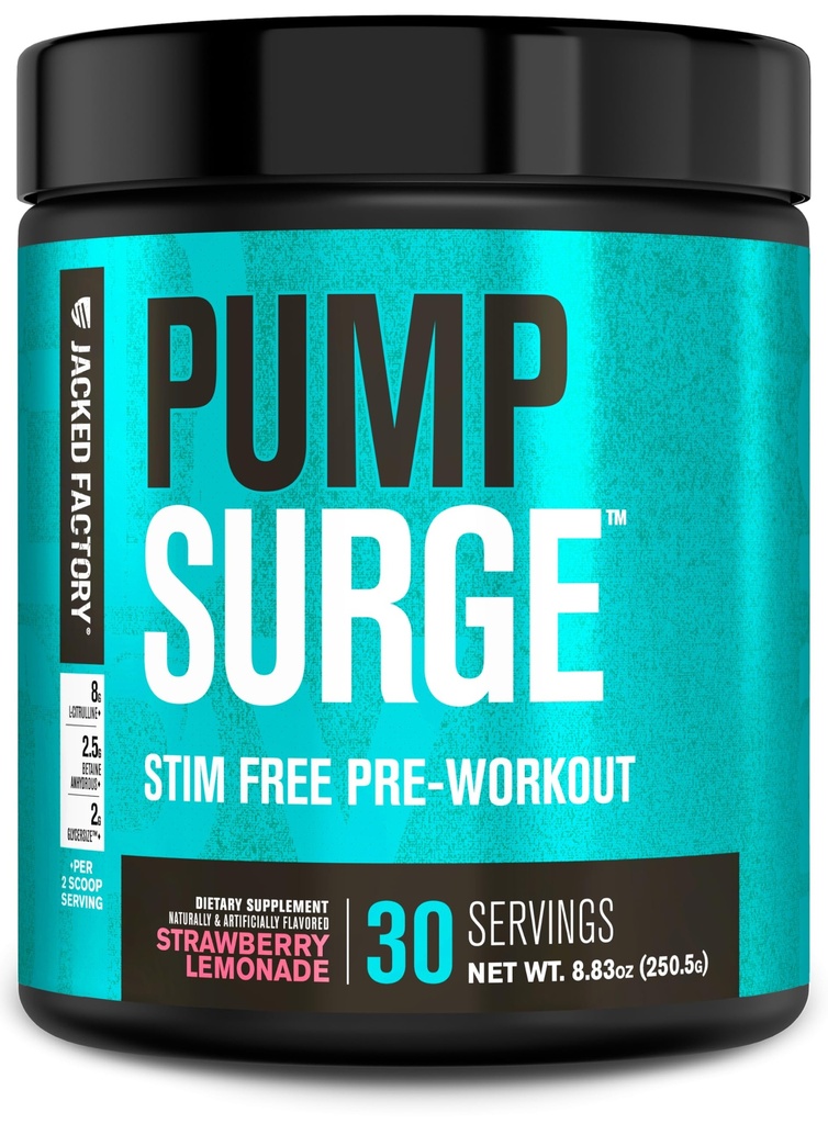 Jacked Factory Pumpsurge Kofeiinitonta esitreeniä miehille ja naisille - Nootropic Booster & Stim Free Pre Treout - Intense Pumput, parannettu Focus - 30 tarjoilua, mansikka sitruunamehu