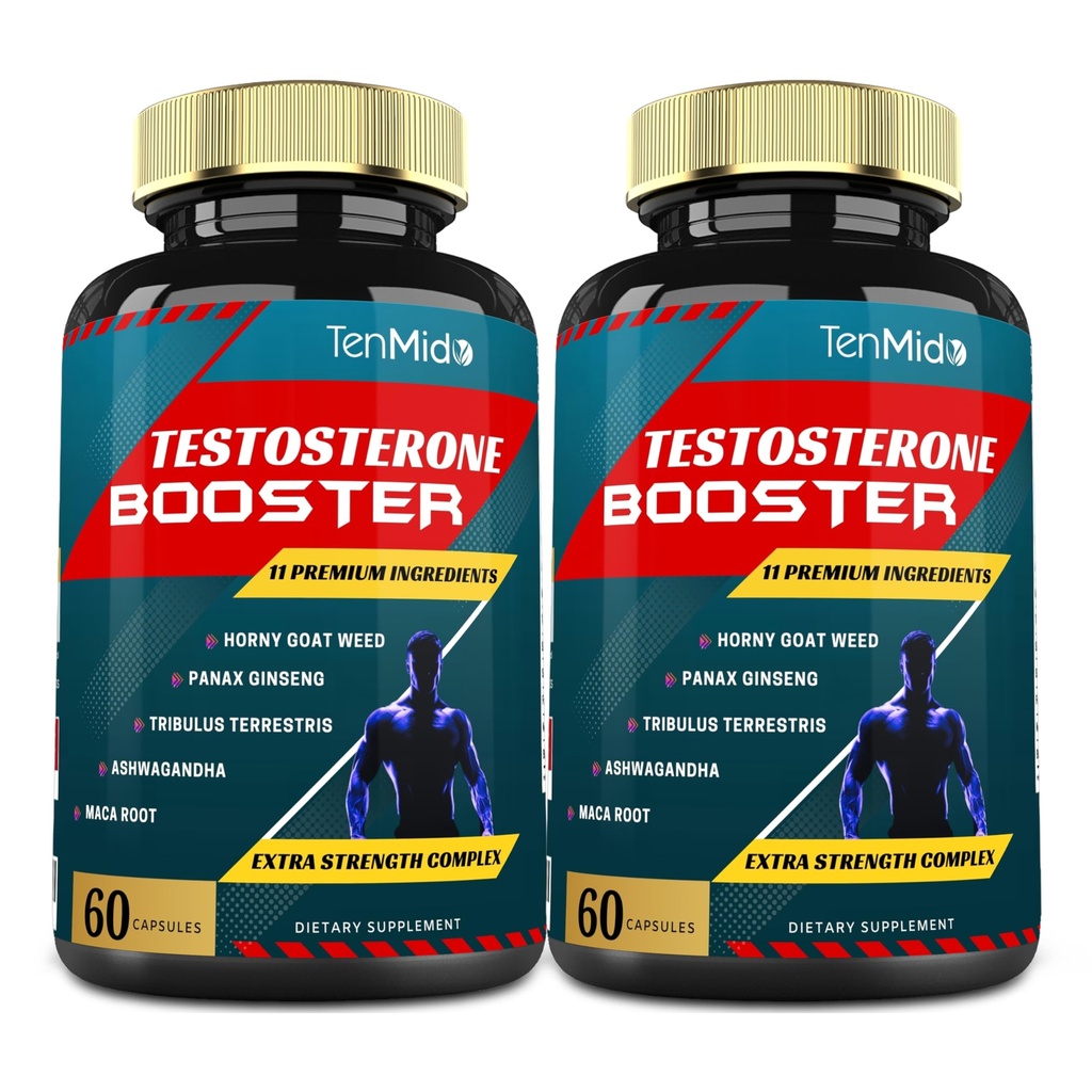 2 Förpackningar med 60caps Testosteron Supplements Booster för Män, Likvärdigt till 10000mg - Naturlig Uthållighet, Uthållighet & Styrka Supplement - Muskelbyggande Tillväxt, Ökad Prestanda, Energi