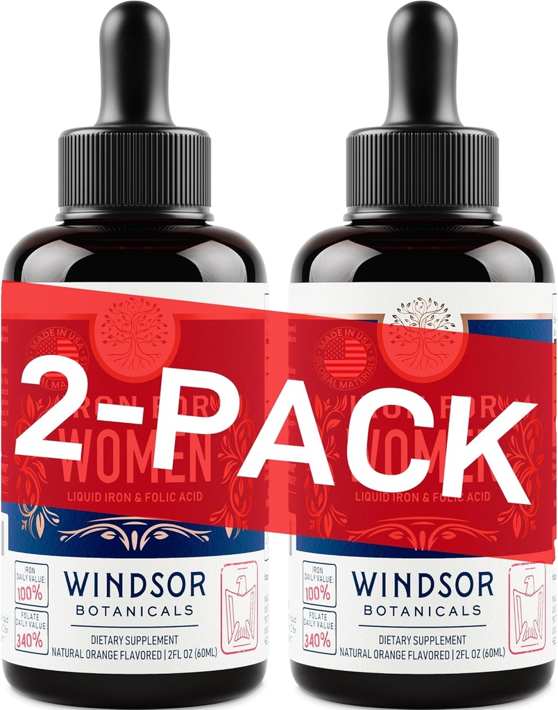 WINDSOR BOTANICS Nestemäinen rauta täydentää naisille 2-pakkaus - Foolihappo, C-vitamiini, Vegan nestemäinen rauta täydentää anemia, kuukautiset, raskaustuki - Drops Orange Flavor - 2x2oz