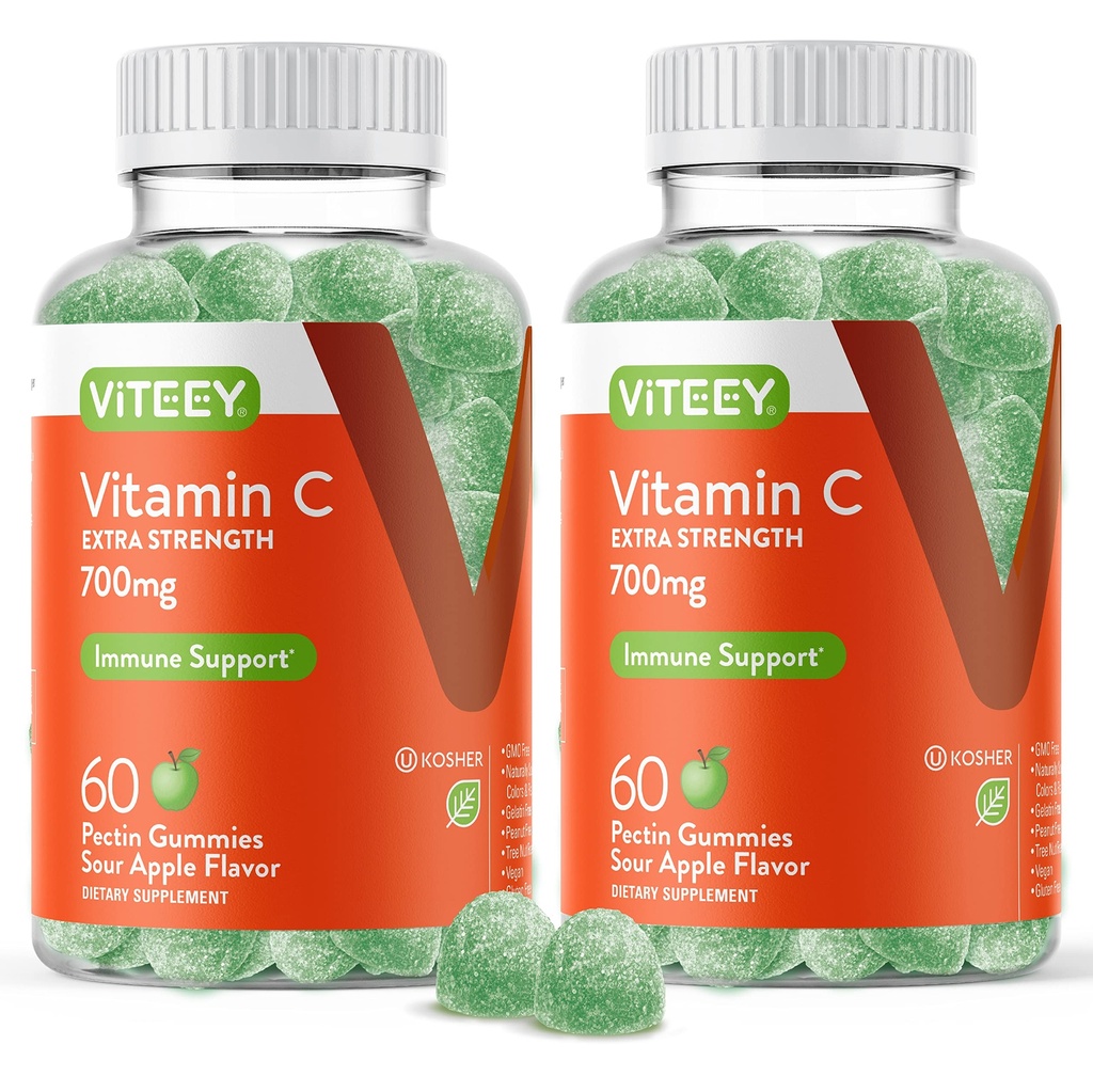 Viteey Chewable Vitamin C Gummies för vuxna - 700mg Extra Strength Immune Support Supplement - Vegan, Gluten Free - 120 greve