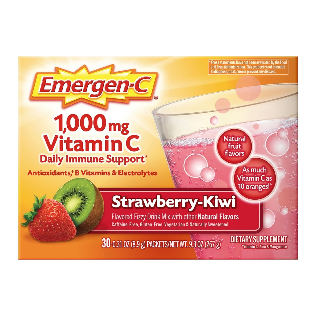 Emergen-C 1000 mg C-vitamiini Immuunituki Powder Mansikka Kiivit 30CT sisältää sinkkiä, Mangaania, 7 B-vitamiinia ja elektrolyyttejä takaisin kouluun Essentials