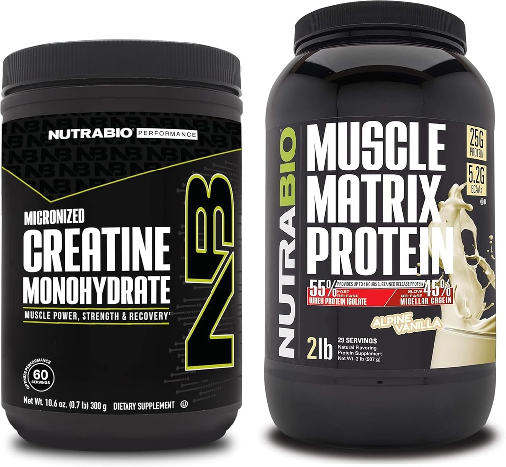 NutraBio Creatiini Monohydraatti, makua sisältämätön, (300 g) ja lihasmatriisiproteiinijauhe, (Vanilla) täydennysosa Bundle ... Lihasenergia, suurin kasvu, elpyminen ja vahvuus