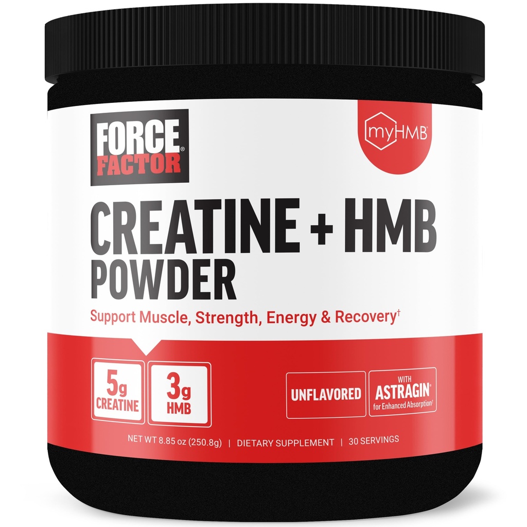 Force Factor Creatiini HMB Powder, 5g Creatiini Monohydraatti + 3g myHMB lihasten kasvuun, vahvuus, energia & Recovery, AstraGin parantaa imeytymistä, ei makua, 30 tarjoilua