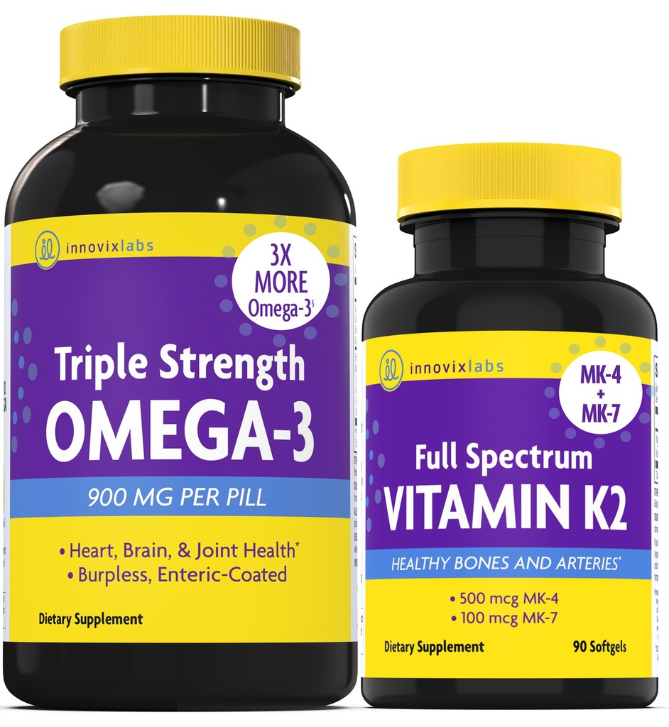InnovixLabs K2-vitamiini & Triple Omega Bundle Täysi Spectrum K2-vitamiini (90 Softgels) Kolminkertainen vahvuus Omega-3 kalaöljy (200 Softgels). Tukee terveitä luita, valtimoita ja niveliä. *