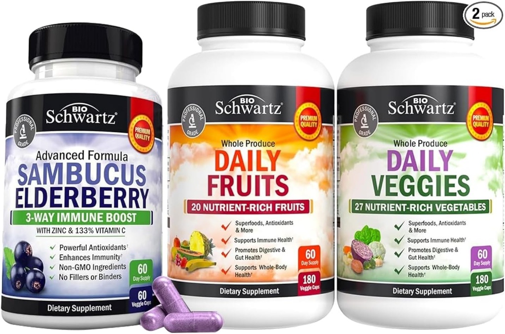 BioSchwartz Päivittäiset hedelmät ja kasvikset täydentää naisten ja miesten (2 kuukauden tarjonta) Plus Elderberry sinkkiä ja C-vitamiinia aikuisille Immuuni tuki (2 kuukauden tarjonta)