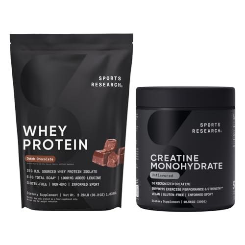 Sports Research® Creatine Monohydrate (10,58 oz) och nederländsk Chocolate Whey Protein (2 lbs), Dynamic Duo för Lean Muscle Building, förbättrad prestanda och styrka och träningsåterställning