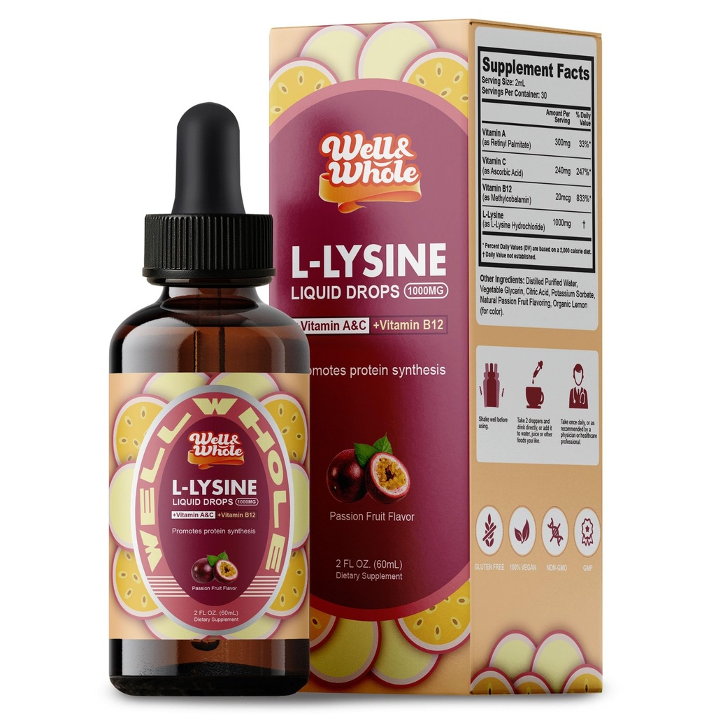 L-Lysine Supplement Liquid Drops L-Lysine 1000 mg Tincture A-, C- ja B12-vitamiinia aikuisille ja lapsille Immunosupport, ihon ja huulten terveys, kollageenisynteesi .