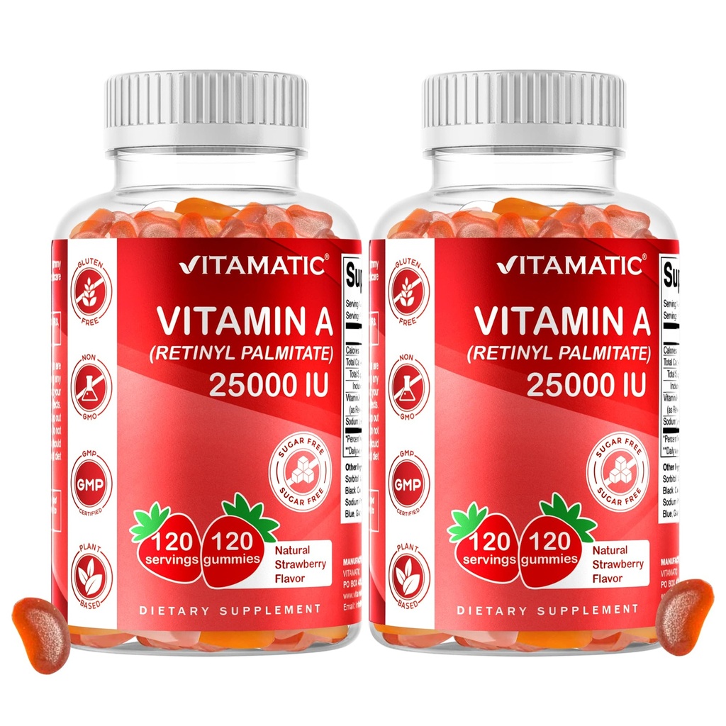 Vitamatic Sugar Free Vitamin A 25000 IU Gummies (Retinyl Palmitate) - Naturlig jordgubbsmak - 120 Pectin Based Gummies (2 flaskor)