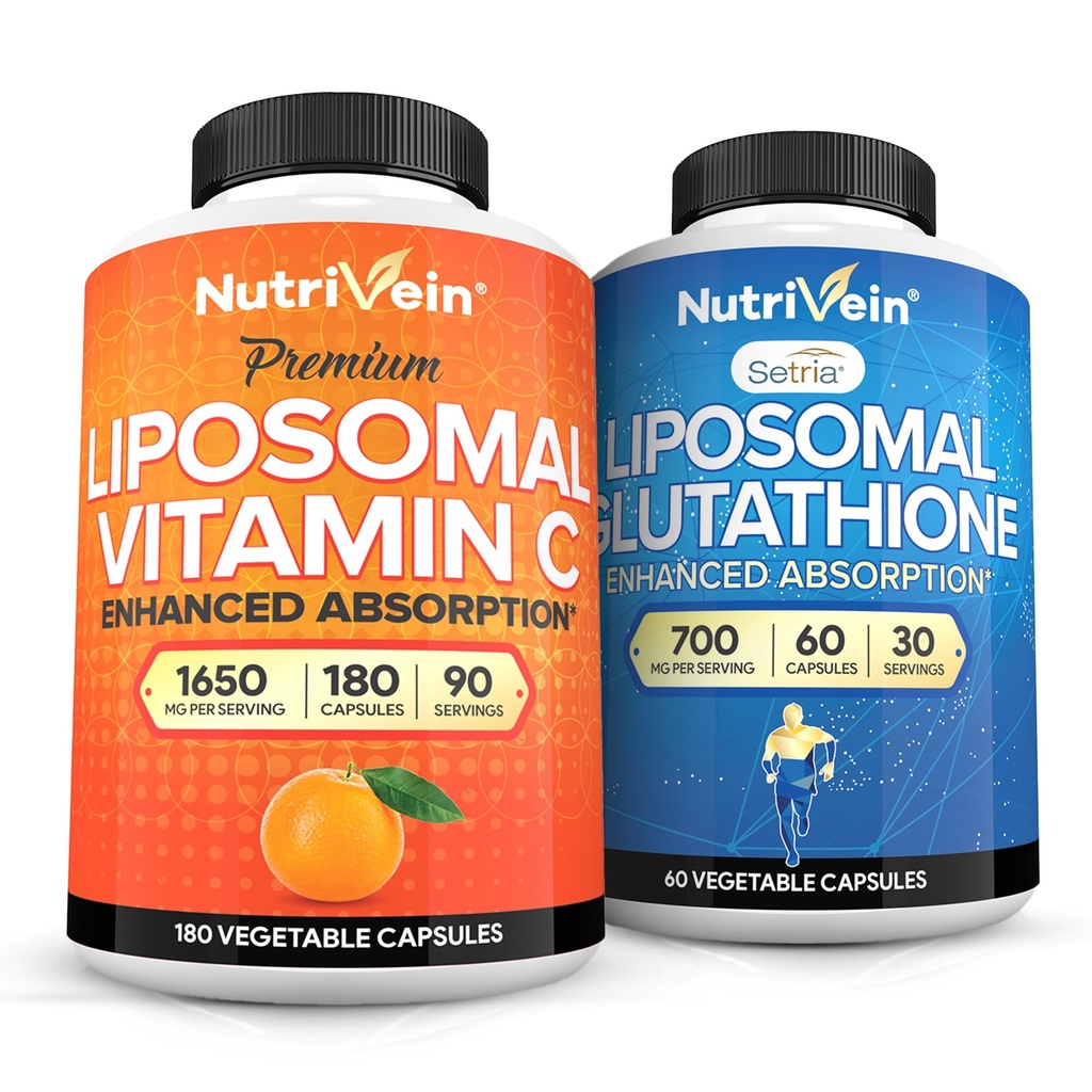 Nutrivein Premium Liposomal Vitamiini C 1650 mg & Liposomal Glutatione Bundle - suuri imeytyminen Askorbiinihappo Plus Master Antioksidantti ja maksa Cleanse - ei-GMO, kasvissyöjä - 180 + 60 kapselia