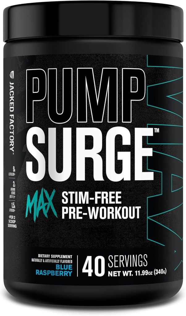 Jacked Factory Pumpsurge Max Stim Free Pre Treout - High-Performance Comfeine Free Pre Treout with L-Citrulline, N03-T Arginiininitraatti & Glutatione - 40 tarjoilua, Sininen Vadelma