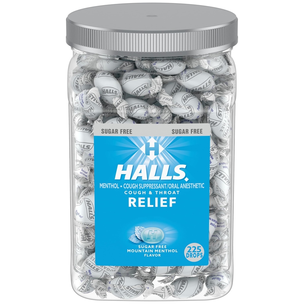 Halls Relief Mountain Mentol Sugar Free Cough Drops, Bulk Yskän pudotukset, 225 Drops