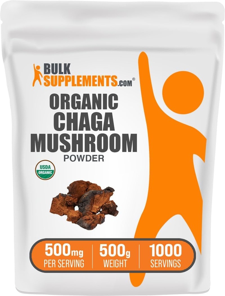 BulkSupplements.com Organic Chaga Mushrooms Powder - Chaga Mushroom Supplement, Superfood Supplement - Vegan & Gluten Free, 500mg per Servering, 500g (1.1 lbs) (Pack of 1)