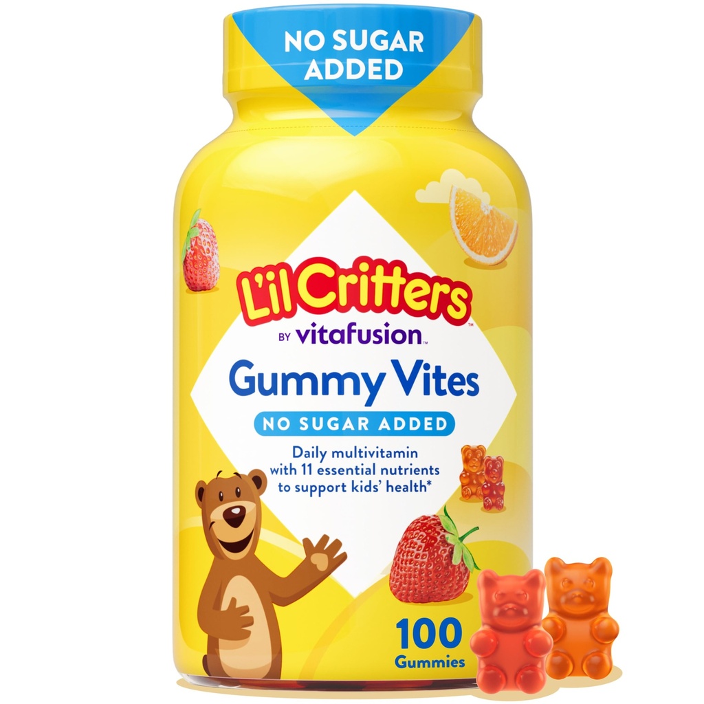L'il Critters Gummy Vites No Sugar Added Daily Gummy Multivitamin för Ålder 2 + Barn & Barn, Vitamin C, D3 för Immune, Strawberry och Orange Flavors, 100 Gummies