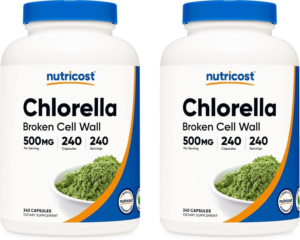 Nutricost Chlorella kapslar (2 flaskor) 500 mg, 240 kapslar per flaska