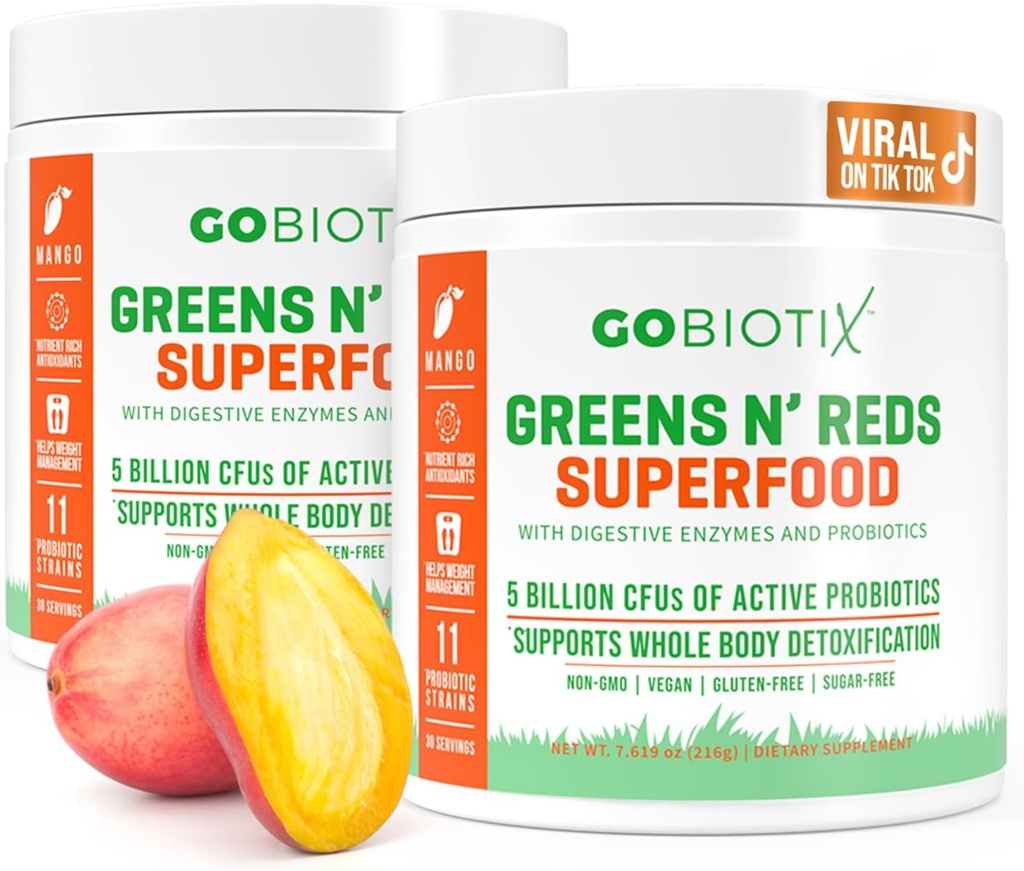 GOBIOTIX Super Greens and Reds Powder - punainen ja vihreä Superfood - Probiootti täydentää - digestiivinen Entsyymit ja Beet Root Powder - Organic Whole Foods Ravintolisä (Mango, 2 pakkaus)