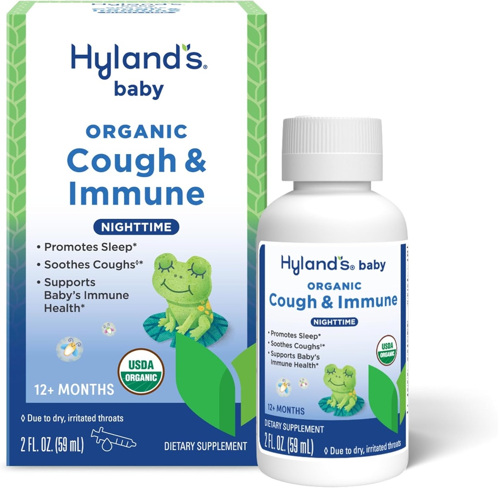 Hyland's Baby Organic Cough Syrup and Immuuni Support with Agave, Elderberry and Pomegranate, Soothes Cough, and Supports Immuniteetti, Nighttime, 2 Fl. Oz.