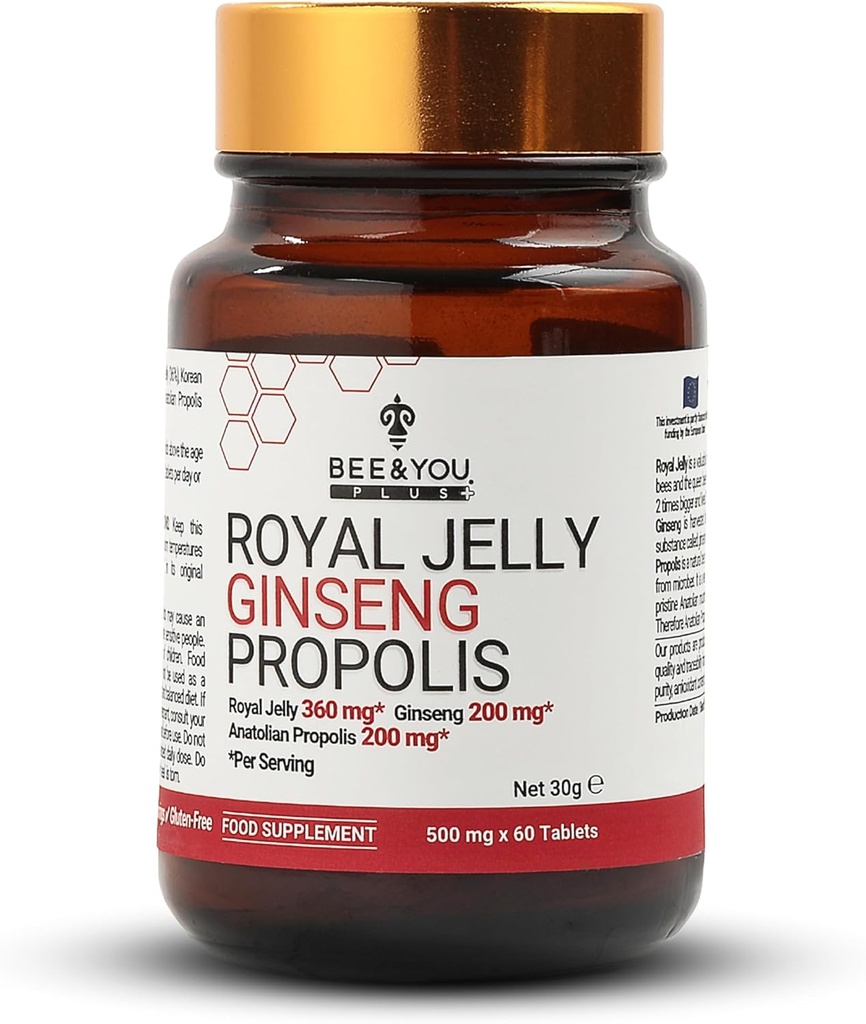Mehiläinen ja sinä Royal Jelly kanssa Ginseng tabletti, Propolis Extract, 60ct, 100% Natural Superfood, Ultra Pure, Immuuni tuki täydentää, antioksidantteja, Keto, Paleo, Gluteeniton