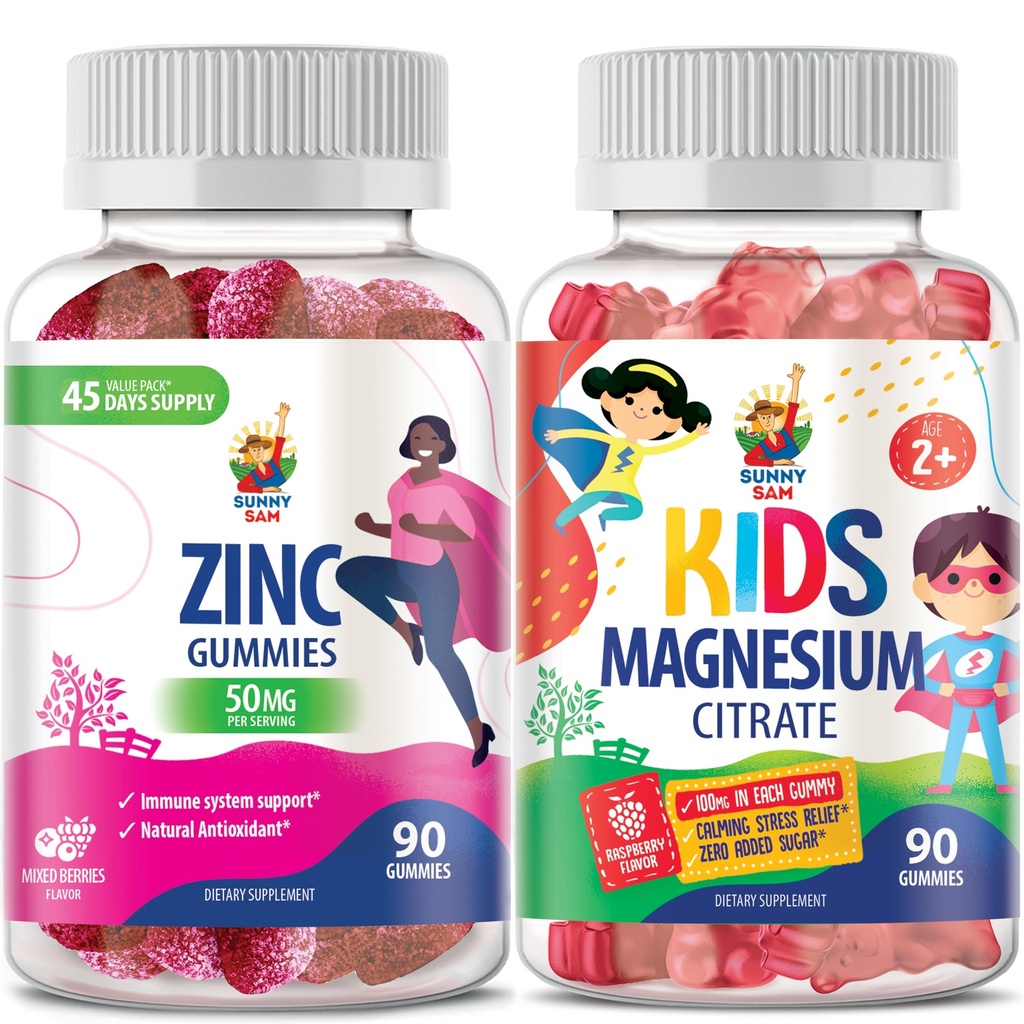 SUNNY SAM Zink Gummies för vuxna & Magnesium Gummies för barn & vuxna - 100mg - Calm Magnesium Chews