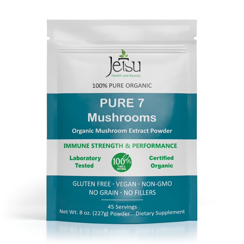 Jetsu Pure 7 Organic Mushroom Extract Powder, Chaga, Cordyceps, Lion's Mane, Maitake, Reishi, Shiitake & Turkey Tail Mushrooms Supplement, varten Immuunituki, Focus, Energy