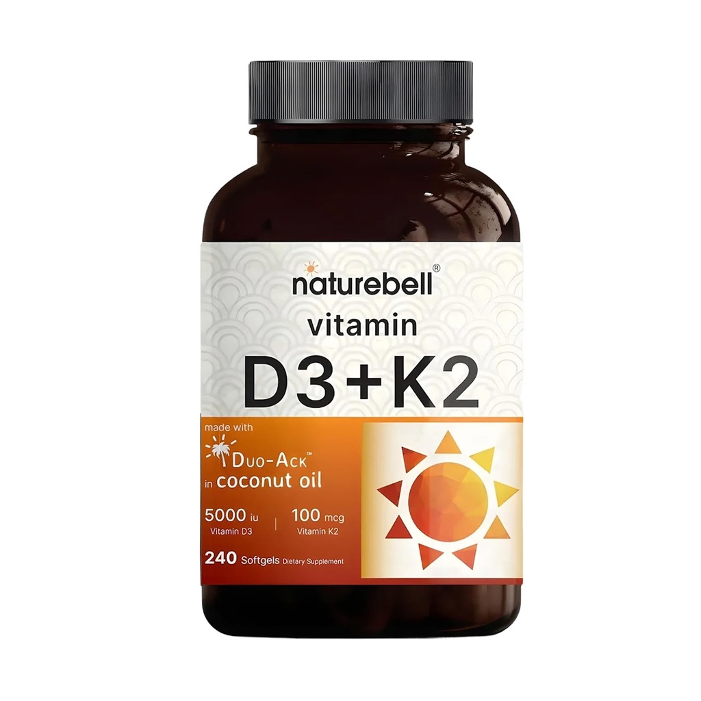 NatureBell Vitamin D3 5 000 IE + K2 100 mcg, 240 Softgels | Daglig 2-i-1 Formel med Jungfrukosolja | Ben, Hjärt & Immun Support | MK-7 Form | Icke-GMO, Gluten-Free