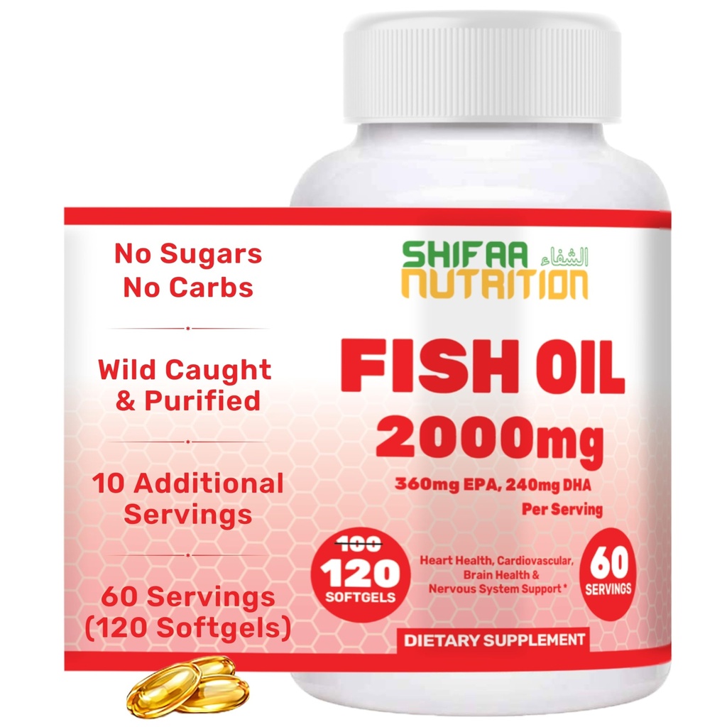 SHIFAA NUTRITION Halal Fish Oil 2000mg Softgels with 360mg EPA & 240mg DHA. 100 Wild Caught & non-GMO Omega 3 Softgels for Heart & Brain Health. Burpless, Helppo niellä Kalaöljy Omega 3 Lisäravinteet