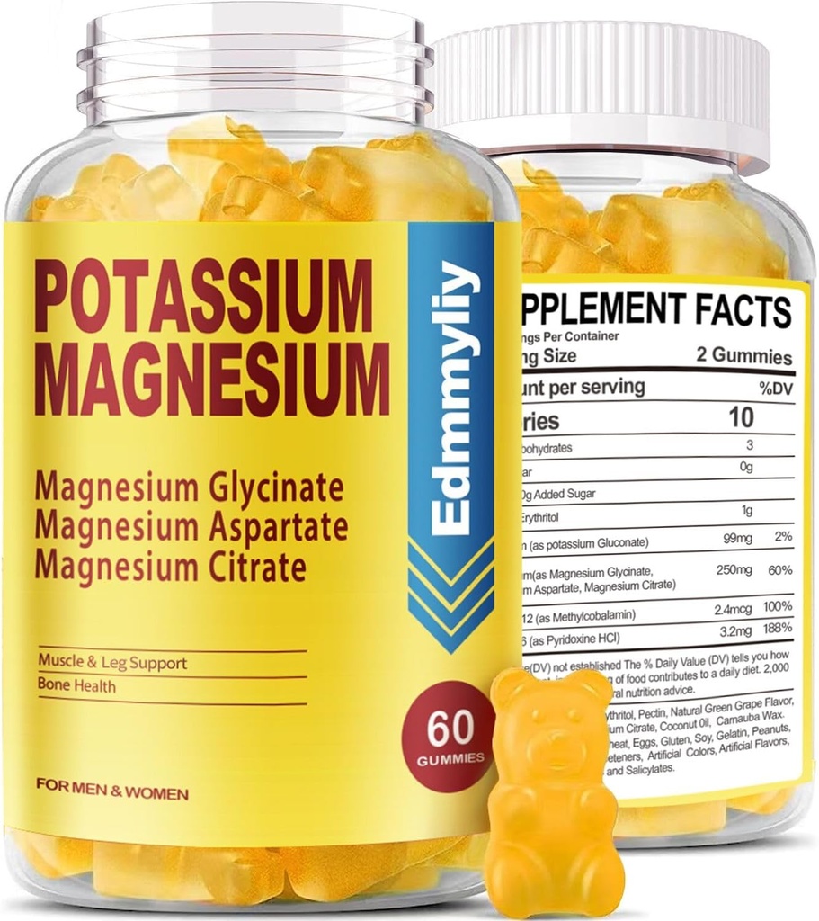 Kalium Magnesium täydentää Gummies aikuisille Korkea Imeytyminen Kaliumglukonaatti 99 mg Magnesiumsitraatti 250 mg B6-vitamiini B12 tukee mielialaa, energiaa, lihasten rentoutumista, luun terveys, sokeriton