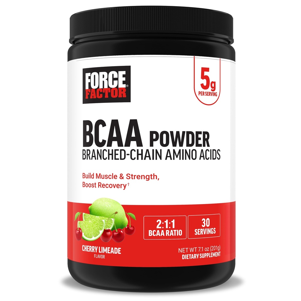 Force Factor BCAA Aminohapot täydentää 2:1:1, herkullinen ja virkistävä BCAA Powder tukemaan lihasten hyödyntämistä ja suorituskykyä, ei keinotekoisia värejä tai makuja, Cherry Limeade, 30 tarjoilua