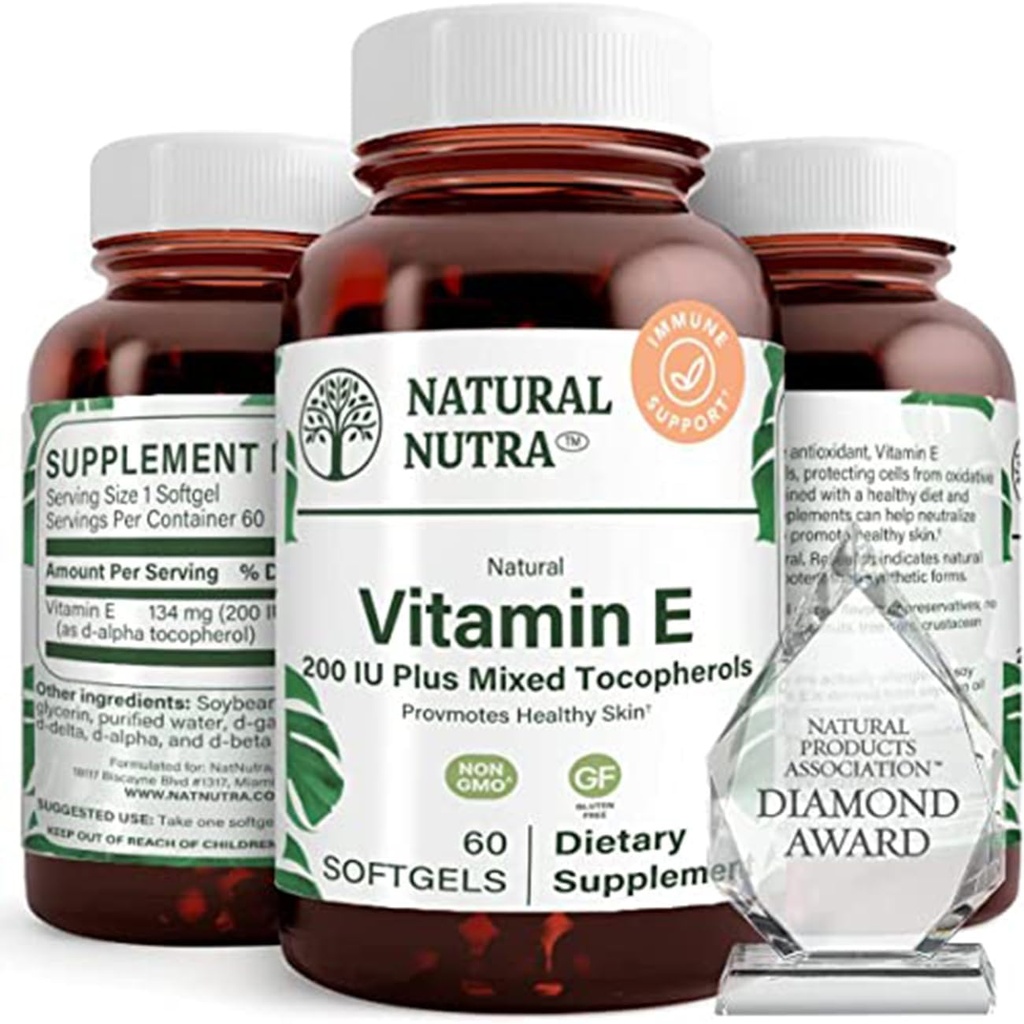 Luonnollinen Nutra-vitamiini E 200 IU täydentää iholle, hiuksille ja kynsille, edistää sydämen terveyttä, auttaa vähentämään punoitusta, auttaa ehkäisemään ihon teksturointia, edistää immuunijärjestelmää, Gluteeniton, 60 Softgels