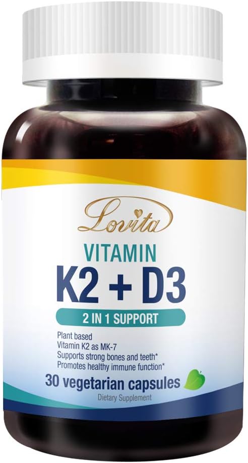 Lovita Vitamin K2 + D3, 400 IE Vegan Vitamin D3 & 120 mcg Vitamin K2 (MK-7), 2 i 1 Formel, Immun Vitamin Complex, 30 Vegetariska kapslar